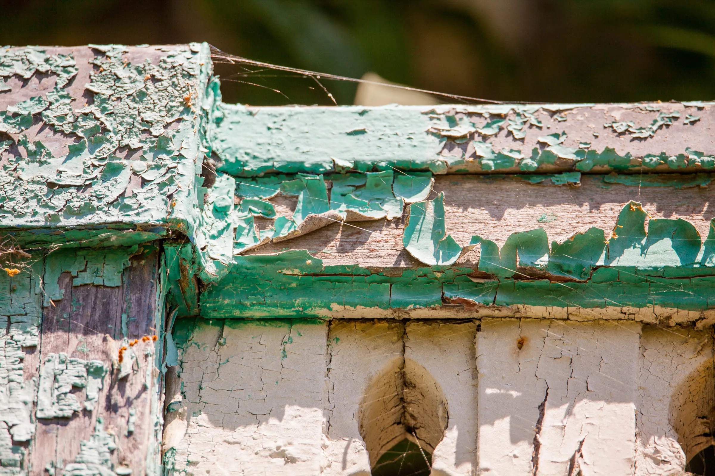 A building's cornice with layers of green and pink paint peeling away from the wood