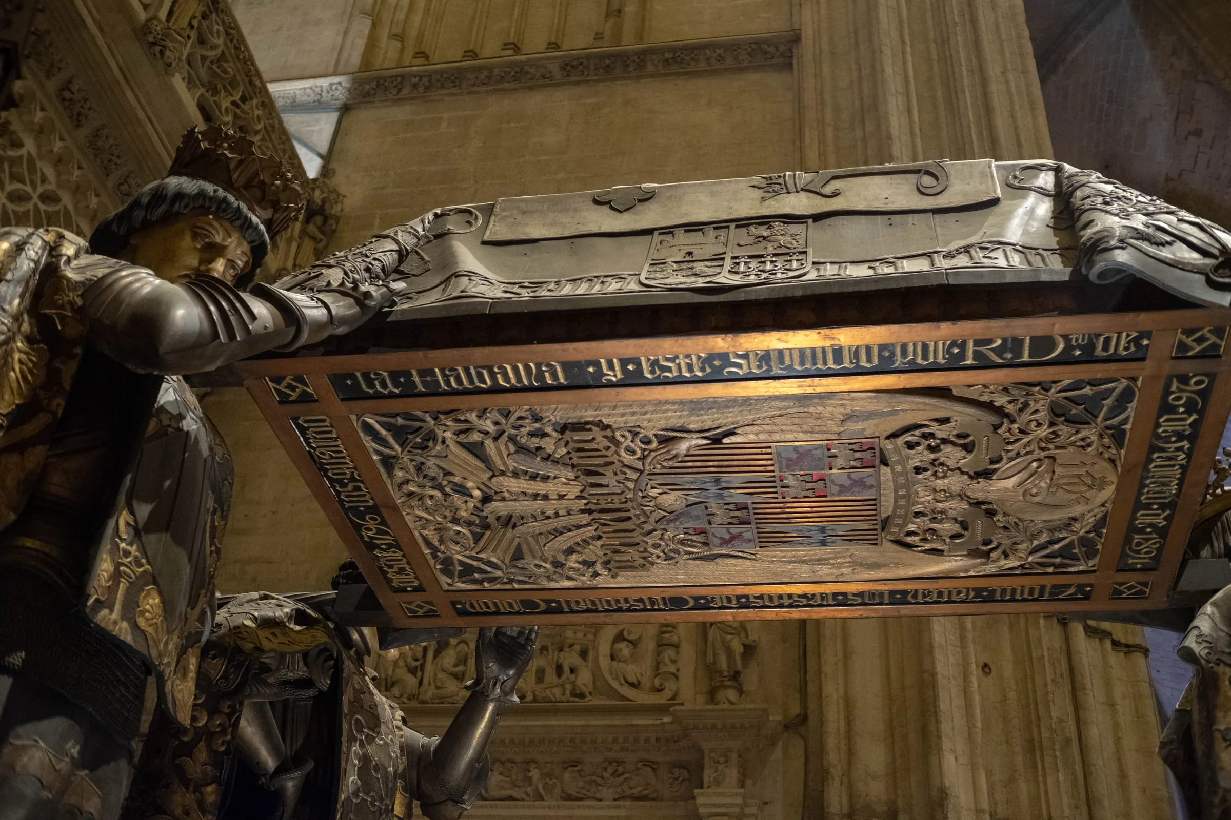 Detail of the tomb of Christopher Columbus, four bronze pallbearers carrying the casket