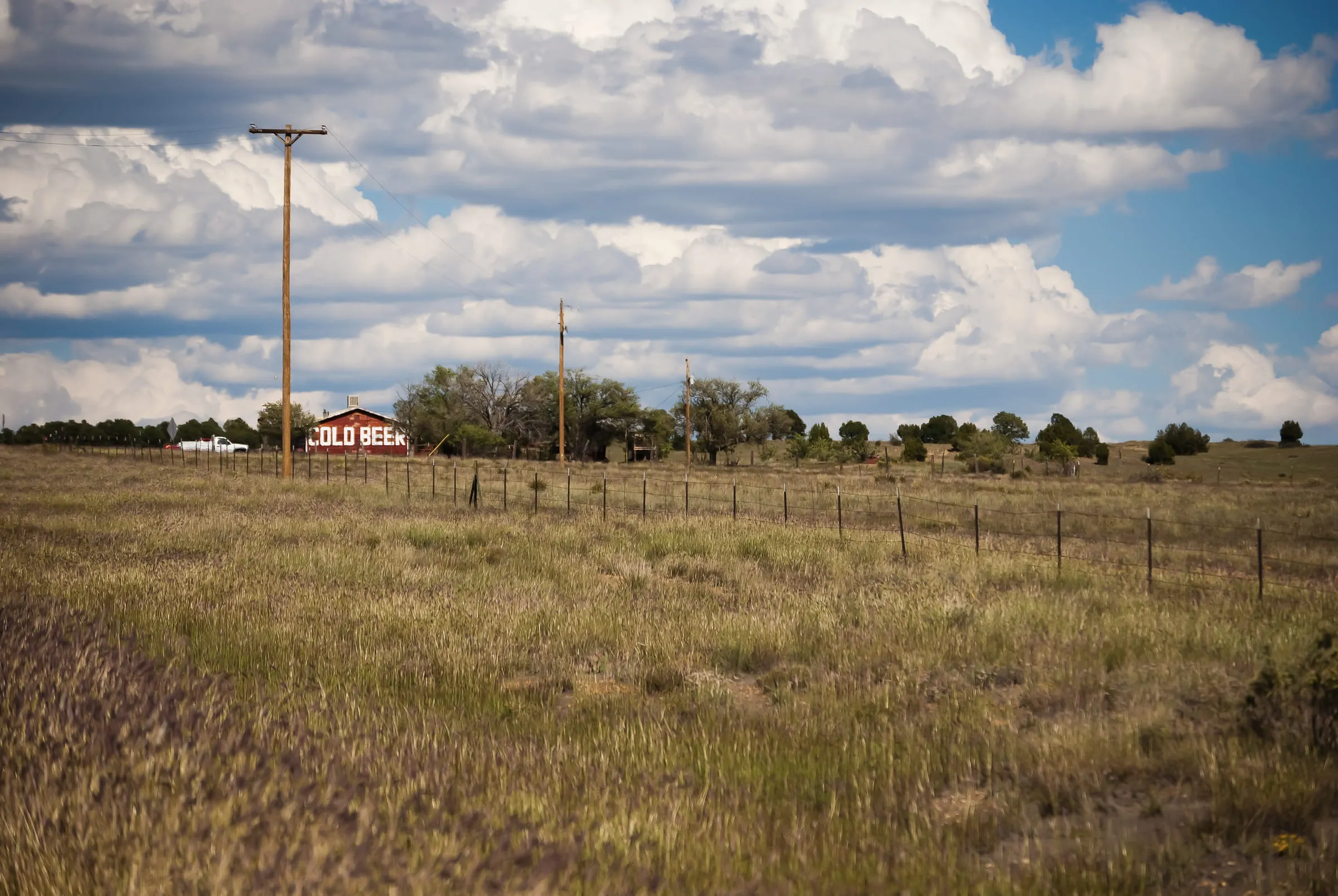 Scrubby pasture and a wire fence, with the red COLD BEER barn just visible in the distance
