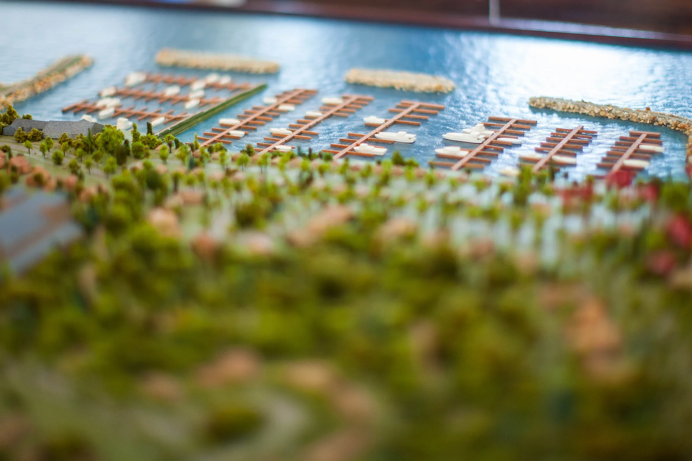 The model's marina, rows of tiny docks and boats along the miniature waterfront