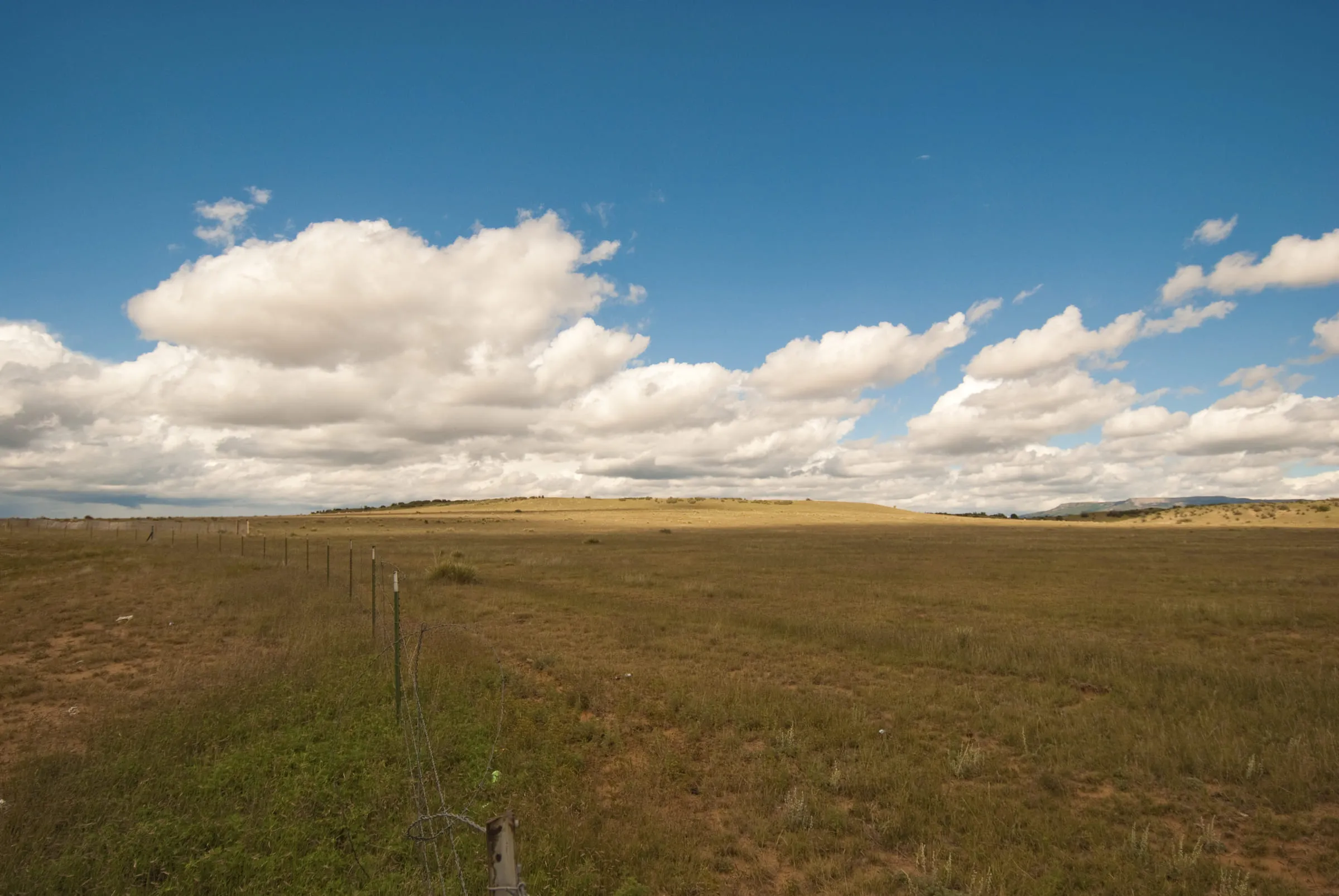 A wire fence line running away through dry grassland toward low hills and stacked white clouds