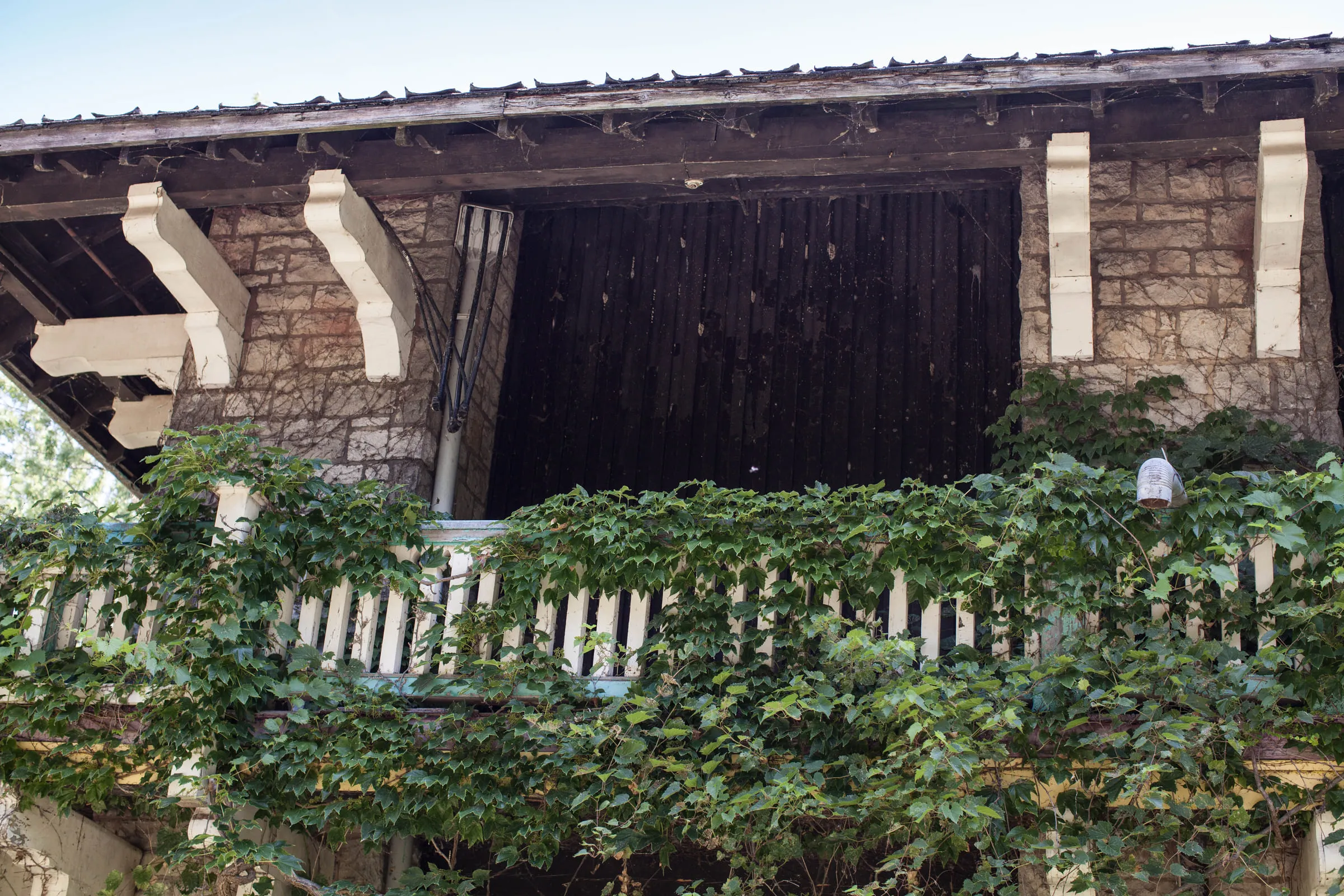 A stone building with a dark open doorway, its porch railing swallowed by climbing vines